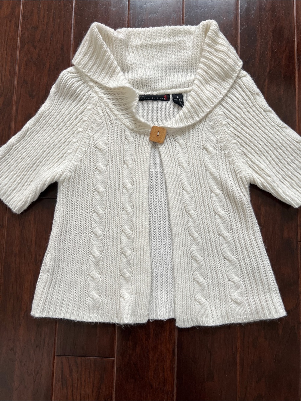 Allison Brittney Cream Cable-Knit Short-Sleeve Cardigan with Shawl Collar